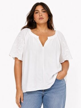 ON 34th White Embroidered Peasant Blouse XL 100% Cotton